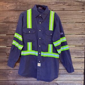 BOCOMAL Navy Button-Up FR Shirt with Logo Patch & Yellow Reflective tape Men's L